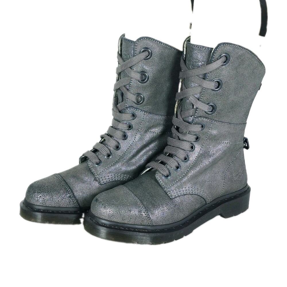 Dr. Martens Women's Aimilie US7 Metallic Pewter Leather Fold Over Combat Boots